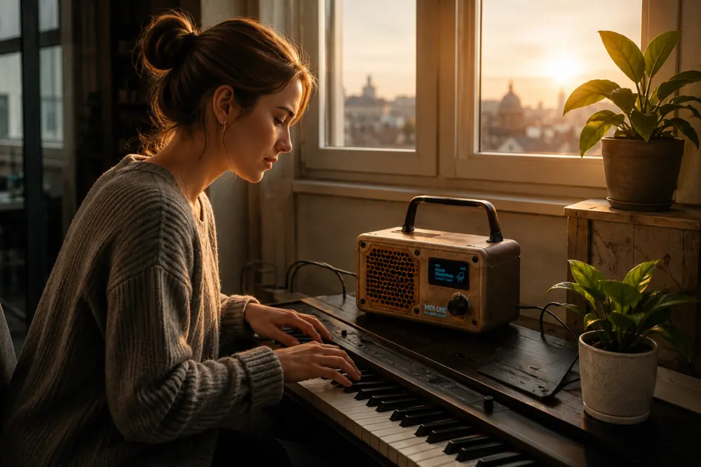 Evde MIDI klavye ve MIDI ONE ile müzik yapan müzisyen